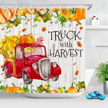 

Retro Truck Car Autumn Harvest Pumpkin Shower Curtain Waterproof Rustic Wooden Printed Bathroom Curtains Screen Home Decoration