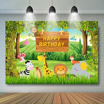 

Safari Animal Birthday Backdrop Jungle Green Forest Backgrouns Boy Safari Birthday Party Decoration Cake Table Banner