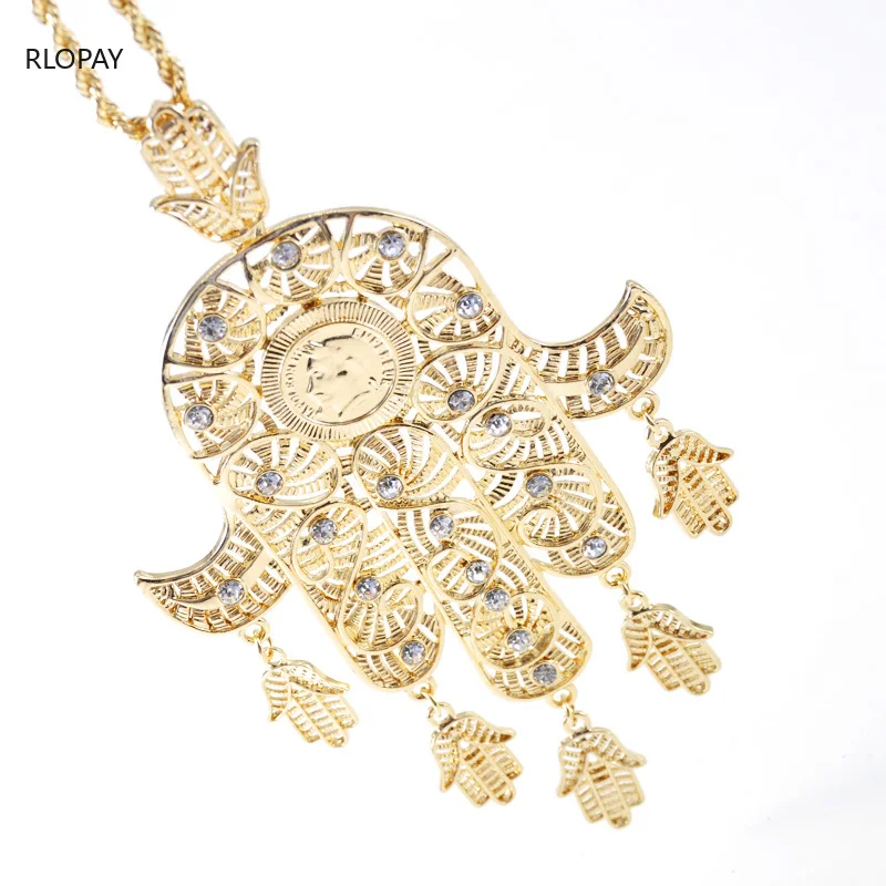 

New Arrival Gold Fatima Hand Pendent Tassels Neckalce Pendent with Crystals Lucky Jewelries for Women