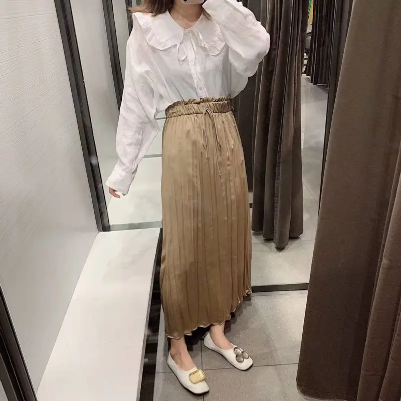 

2019 Fashion Sexy Elastic Waist High Waist Drawstring Lace-up Solid Color Silk Skirt Long Skirts WOMEN'S Dress