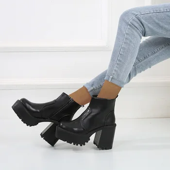 

Chunky Platform Women's Ankle Boots 2020 Autumn Winter Punk Style Metal Buckle Super High Heels Boots Woman Hidden Wedges