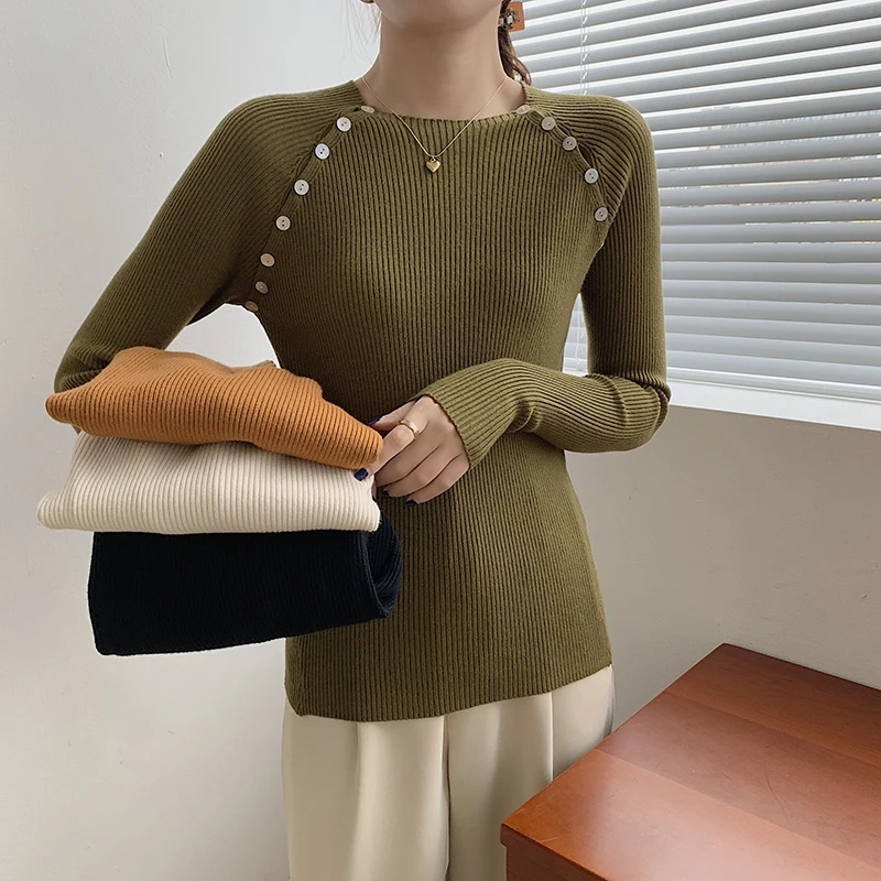 

Women Chic Double Breasted Slimming Sweater 2022 Spring Elegant Stretch Knit Primer Shirt Ribbed Pullover Long Sleeve Pull Femme