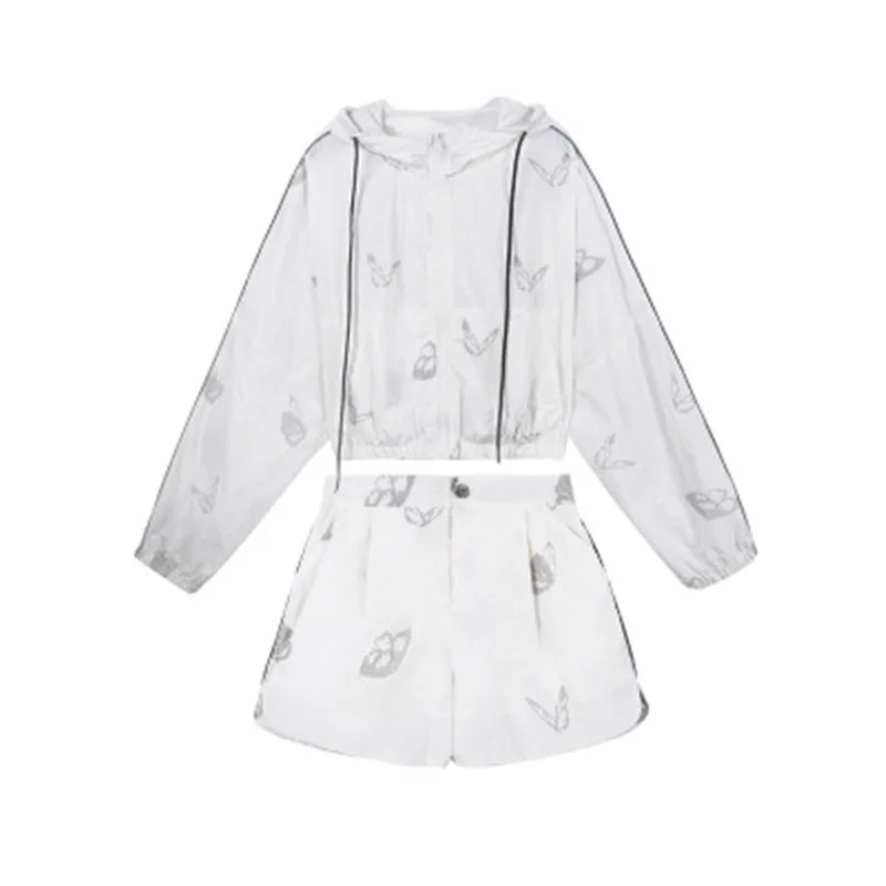 

Butterfly Reflective Sunscreen Suit Two Piece Sets Women's Outfits Office Lady Zipper Pattern Hooded Loose Breathable Summer New