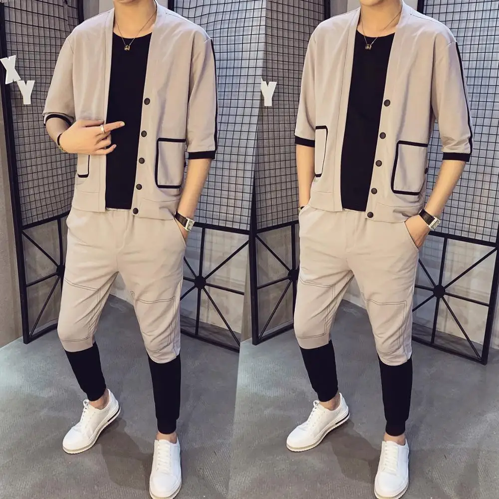 

Summer Cardigan Fake 2 Piece Set Sweatsuit men Casual T-shirt Pant Hip Hop Stitching Jacket Tracksuit Men Sportswear Ropa Hombre