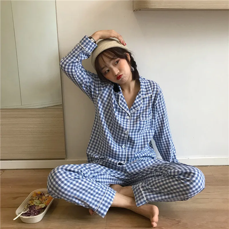 Зимние пижамы, женская новая Корейская пижама в клетку с длинным рукавом, Женская милая одежда для сна, тонкая Пижама для дома, Mujer Invierno