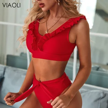 

Red Flower Ruffle Bikini Set Female Bather Rose red Swimsuit Sexy Brazilian Bathing Suit Push Up Swimming Suit Women Swimwear