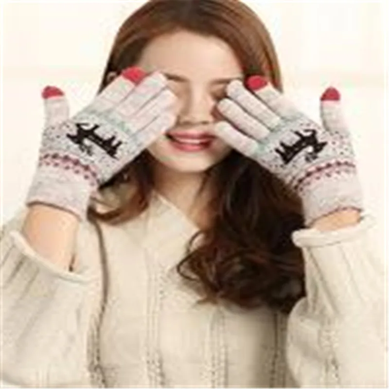 Новые Двойные Утепленные зимние шерстяные вязаные перчатки с рисунком лося, теплые перчатки для сенсорного экрана-617