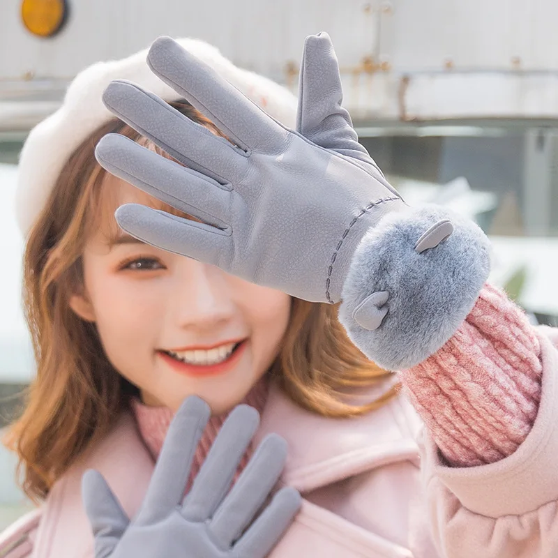 

Breathing Leather Ladies Winter Warm Gloves Plus Velvet Thickening Leisure Outdoor Driving Touch Screen Windproof Gloves