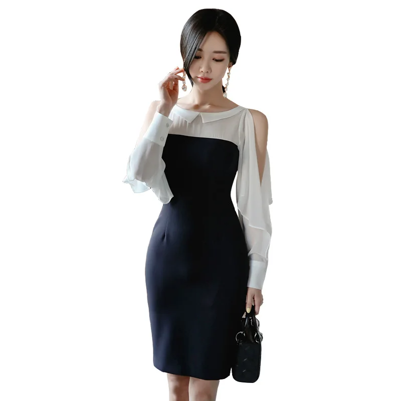 

2019 Spring And Summer Elegant-Black And White Joint Arc Fold-down Collar Slit Flounced Sleeves Sheath Dress