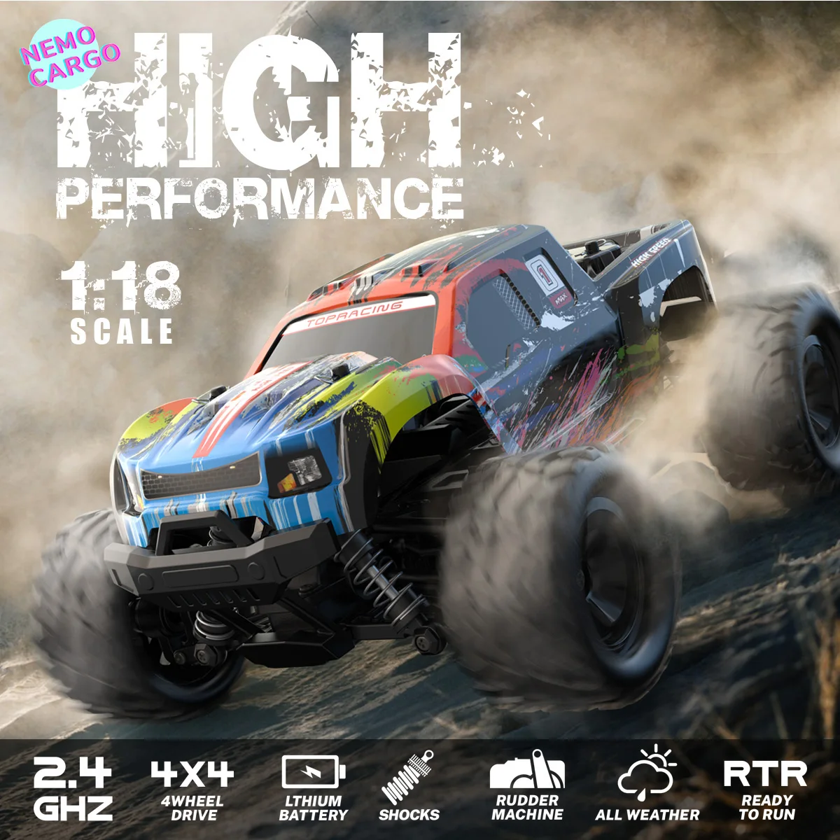 Nemocargo-coche todoterreno teledirigido con Control remoto, camión monstruo teledirigido 1:18, de alta velocidad, juguete profesional, 4x4