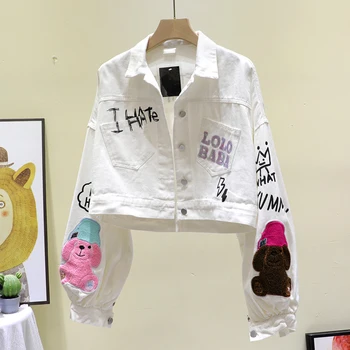 

Chaqueta Mujer Sequins Letters Print Women Casual White Cartoon Denim jacket Short Coat Autumn Fashion Loose Jean jacket Female