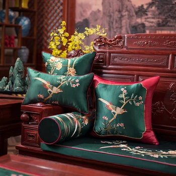 

DUNXDECO Cushion Cover Decorative Pillow Case Luxury Artistic Vintage Chinese Green Red Flora Bird Embroidery Sofa Chair Coussin