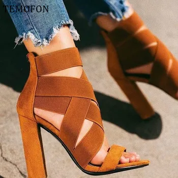 

TEMOFON women high heel shoes square heel gladiator sandals peep toe sexy ladies pumps black summer shoes tacones mujer HVT975