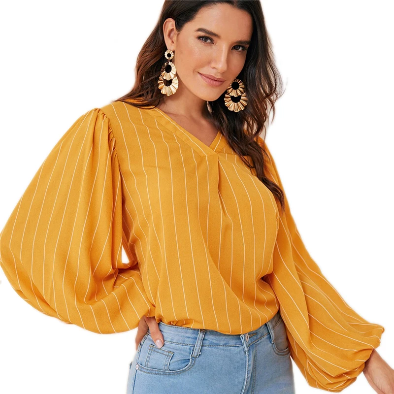 SHEIN Yellow V Neck Striped Autumn Elegant Blouse Top Women Spring Autumn Bishop Sleeve Office Ladies Basic Blouses