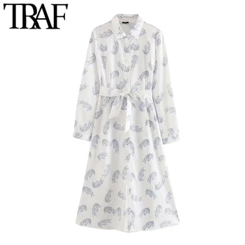

TRAF Women Elegant Fashion Printed With Belt Midi Dress Vintage Lapel Collar Long Sleeve Female Dresses Vestidos Mujer