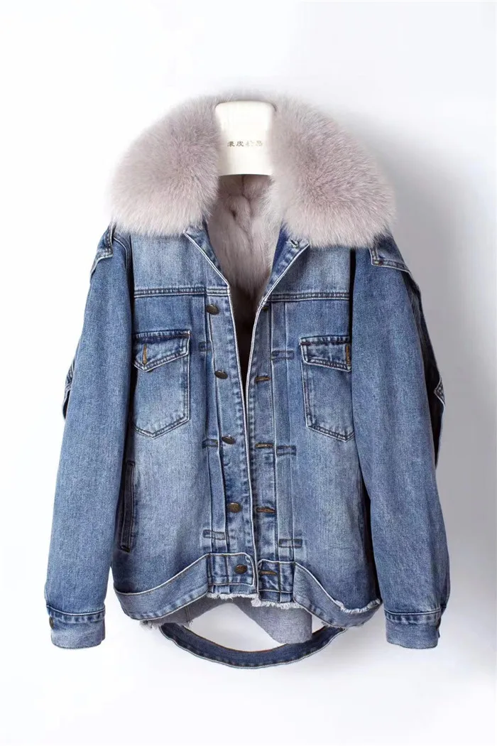 real fur coat Winter Jacket Women Coat Real fox Fur lined denim jacket Parka back letter print - Цвет: Серый
