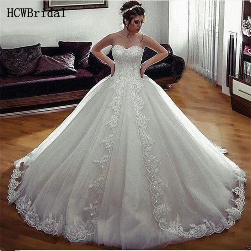 

Gorgeous Beaded Lace Princess Wedding Dresses Strapless Floor Length 2019 Arabic Bridal Dress Robe De Mariee Princess Cheap