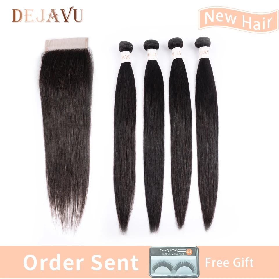 

Dejavu Peruvian Straight 4 Bundles With Closure Human Hair Bundles with Lace Closure Natural Color No Shedding Non Remy Hair