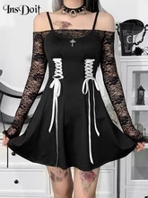 

InsDoit Gothic Black Off Shoulder Women Dress Long Sleeve See Through Bandage A-LINE Dress Aesthetic Elegant Party Mini Dresses