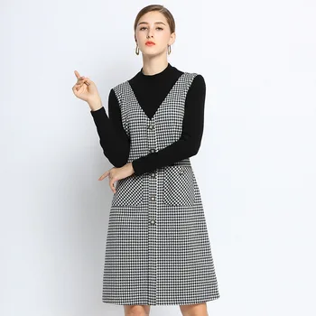 

2019New Fashion oversizes plaid dress Autumn winter slim Houndstooth Contrast color Fake two pieces elegant dress plus size 5XL