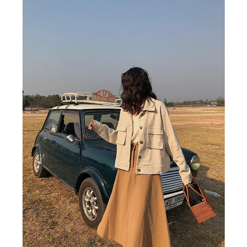 

Early Spring Small Suit Flax Retro Loose-Fit Cropped Jacket Women's Small Fold-down Collar CHIC Korean-style Thin Suit