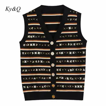 

Brand Design Spring And Summer Vinatge Sweater 2020 New Women Striped Sequin Knitted Vest Sleeveless High Quality Top Clothing