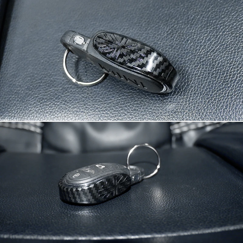 Carbon Fiber Car Styling Alloy Key Case Cover Key Chain Union Jack For Mini Cooper S JCW F54 F55 F56 F57 F60 Clubman Countryman 4