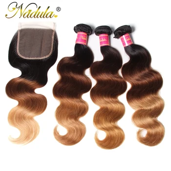 

Nadula Hair 4x4 Lace Closure With Bundles 2/3 Bundles with Closure Ombre Blonde Remy Human Hair 1B/4/27 Color