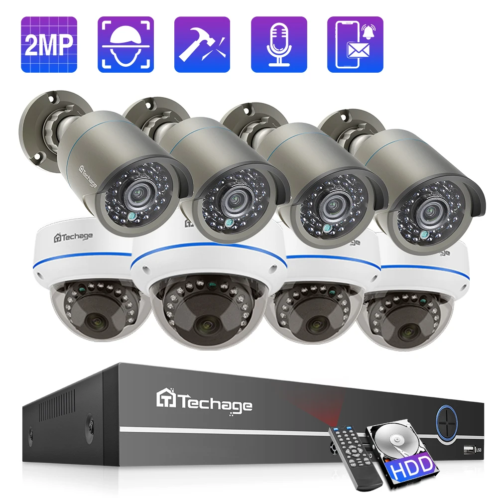 Techage 1080P 8CH POE NVR Camera Security System Bullet+Dome Cameras outdoor indoor CCTV Video Serveillance Kit Audio record P2P