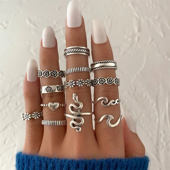 FAMSHIN Punk 13pcs/set Rings For Women Flower Heart Snake Rings Set Bohemian Silver Color Rings Set For Party Vintage Jewerly
