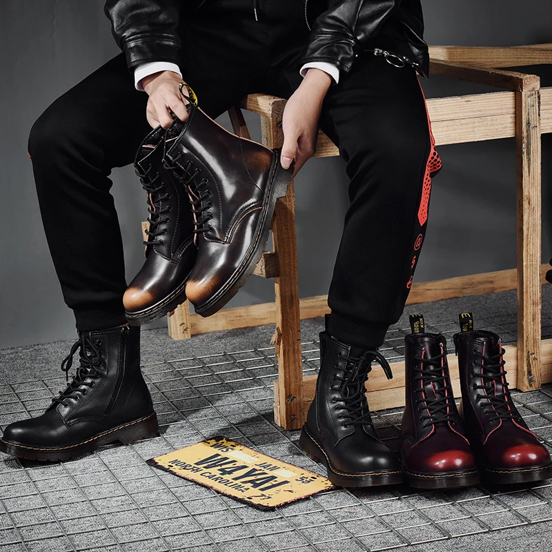 Модные мужские ботинки; удобные ботинки в британском стиле ретро; мужские рабочие ботинки на резиновой подошве; мужская повседневная обувь с высоким берцем на молнии; цвет красный, черный
