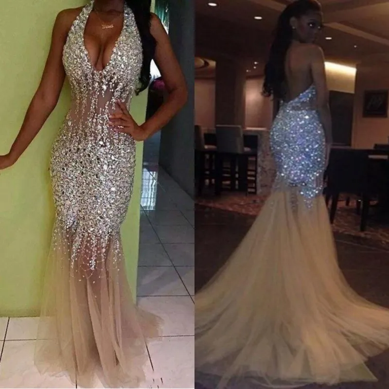

Stunning Bling Bling Crystals Mermaid Prom Dresses Long African Girls Sexy Backless Evening Gowns Halter Beaded Pageant Dress