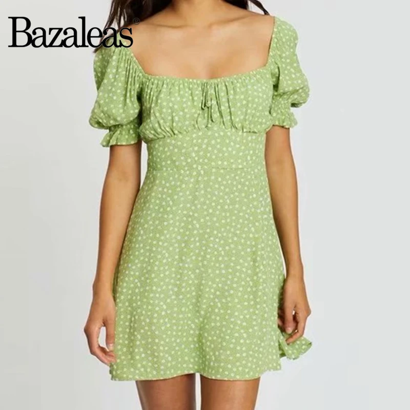 Bazaleas Франция зеленый цветочный принт vestido элегантные женские мини-платья