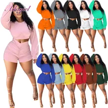 

Women Autumn Tracksuit 2021 Outfit Clothes Solid Long Sleeve Corset Crop Top T-Shirt Pleated Stacked Shorts Sport Two Piece Set