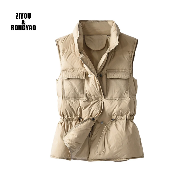 

2020 Female Casual Loose Warm Sleeveless Down Jacket Ultra Light Down Vest Sleeveless White Duck Down draw String Vest Pocket