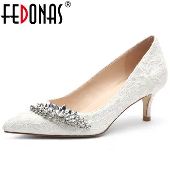 

FEDONAS Spring Summer New Elegant Office Lady Party Shoes Woman Lace Silk High Heels Rhinestone Women Brand Plus Size Pumps