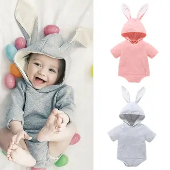 

1st Easter Infant Baby Girl Boy Romper Solid Short Sleeve Rabbit Bunny Hooded Romper Jumpsuits Clothes