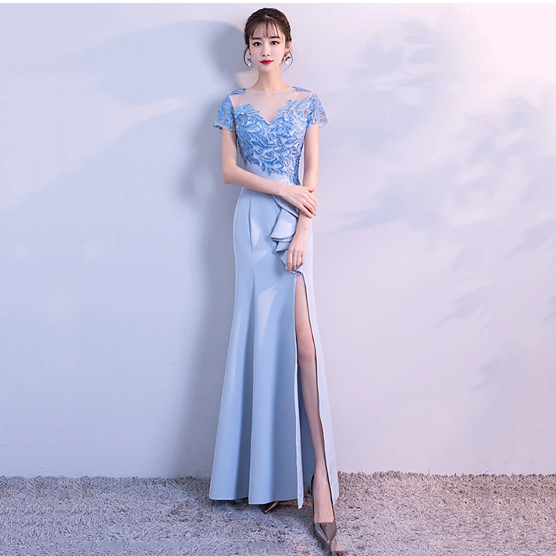 Элегантное выдолбленное синее платье Cheongsam, сексуальное тонкое платье русалки со шлейфом, Изысканное вечернее платье с блестками, Ретро платье Vestidos