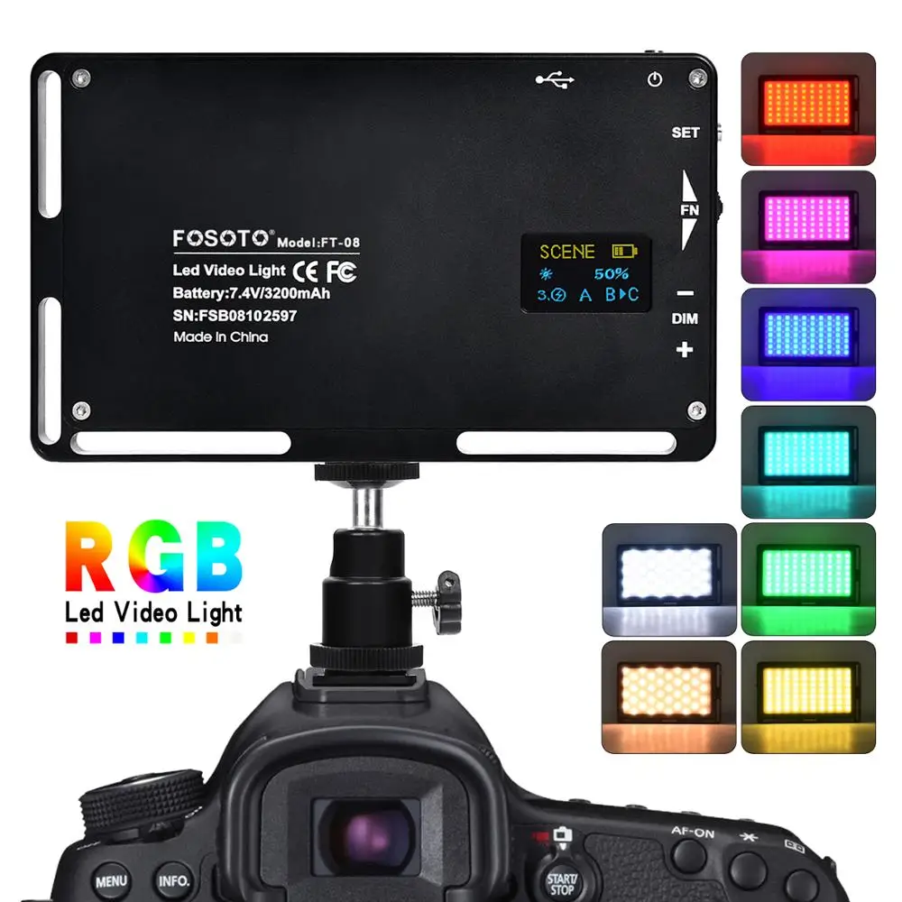 

fosoto FT-08 Mini Photography Light RGB LED Video Light 2500K-8500K Dimmable Full Color Studio Vlog Lighting For DSLR Camera