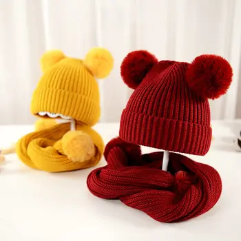 

Children Scarf Hat Set Knitted Solid Color with 2 Balls Kids Autumn Winter Shawl