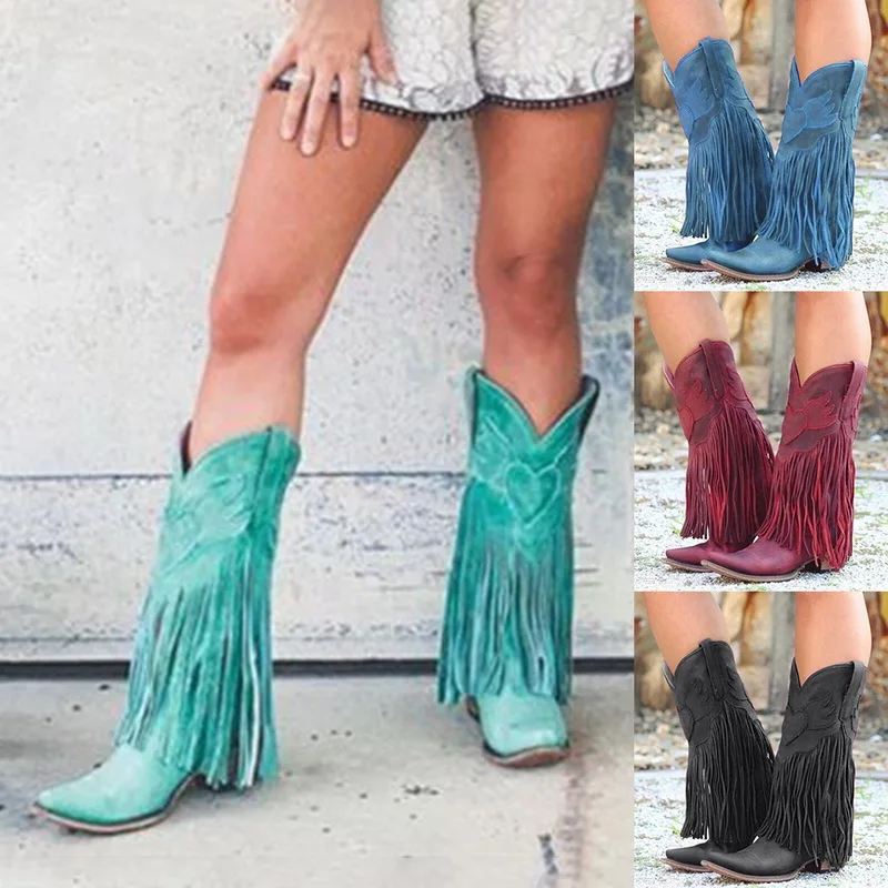 

Vertvie Women Autumn Winter Boots Fringe Mid-calf Boots Female Cowboy Low Heel Fashion Tassel Rain Boots Ladies Shoes Streetwear