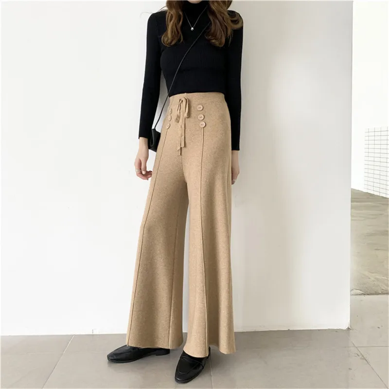 BGTEEVER Winter Buttons Lace-up Knitted Pants Women High Waist Women Sweater Pants Casual Loose Knitting Trousers Female