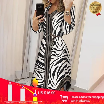 

Women Long Blouses Zebra Stripes Three Quarter Sleeve Lady Irregular Striped Single Breasted Bandage Slim Female Blouse-Dress