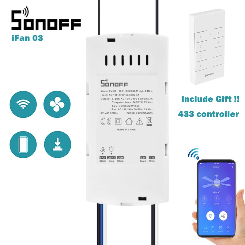 

2019 New SONOFF IFan03 Smart Wi-Fi Ceiling Fan And Light Switch Controller Support PF 433 MHZ Smart Home Automation controller