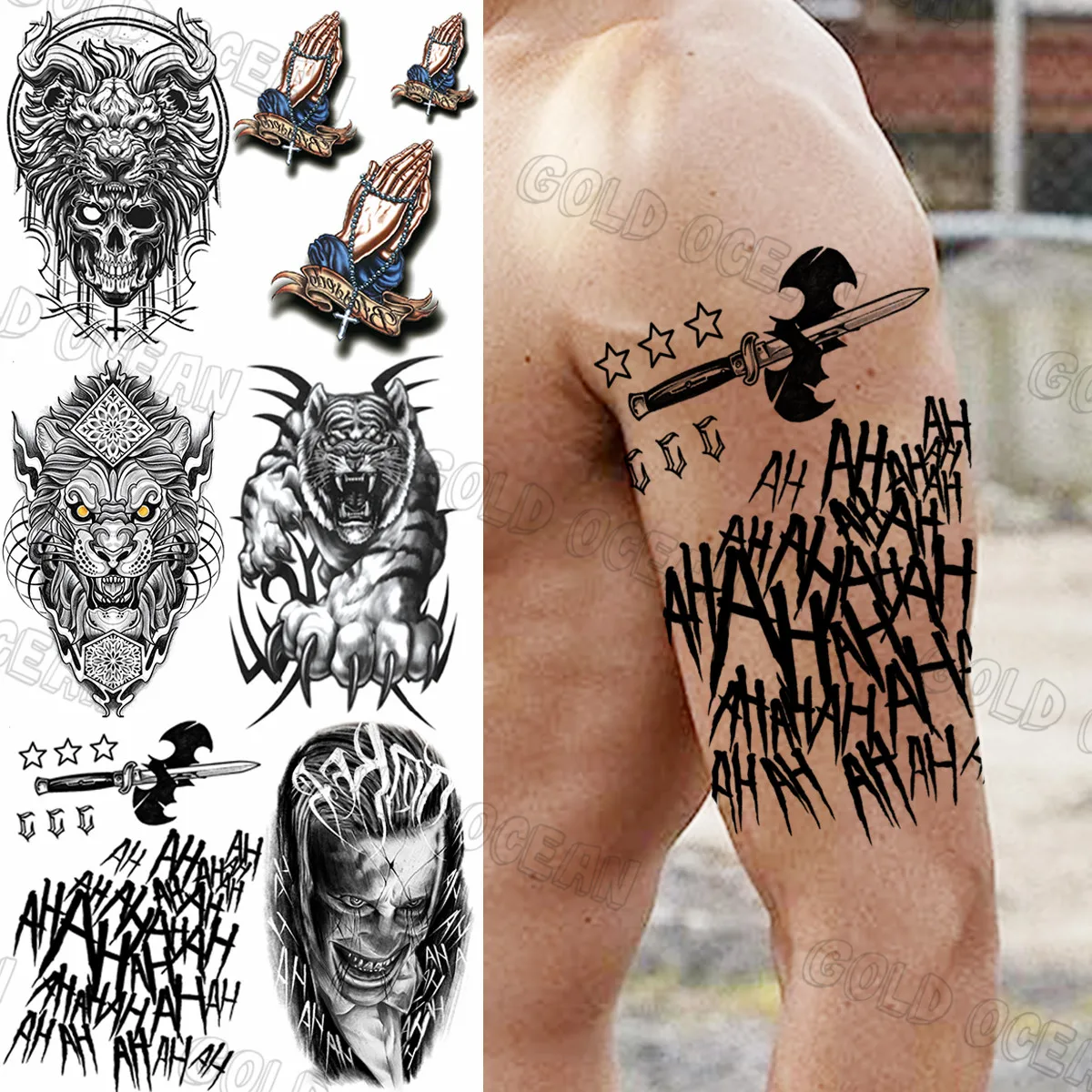 

Sword Letter Halloween Temporary Tattoos For Women Men Realistic Skull Tiger Clown Fake Tattoo Sticker Arm Thigh Tatoos Armband