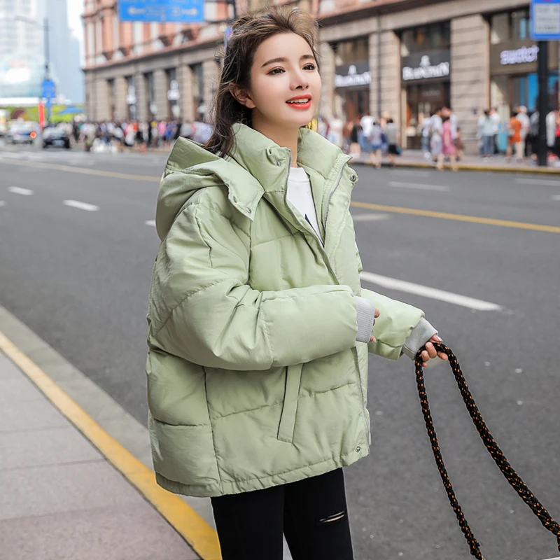 Модная новая осенне-зимняя куртка женская куртка с капюшоном короткая тонкая однотонная парка на молнии теплая Студенческая зимняя верхняя одежда - Цвет: light green
