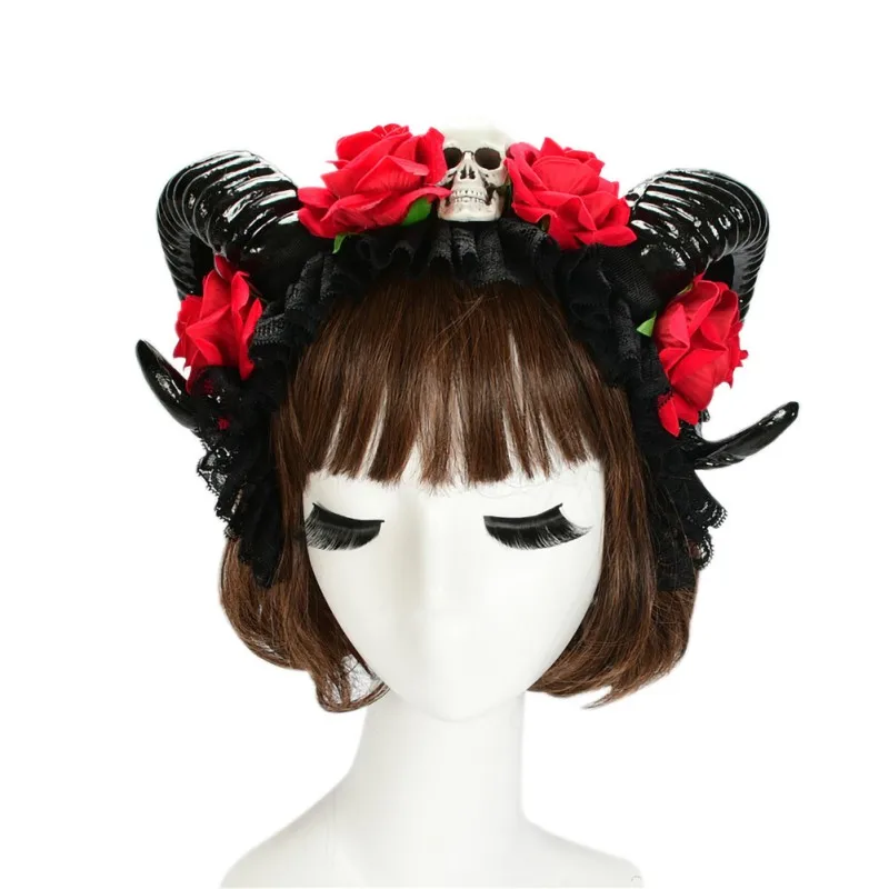 

Halloween Decoration Horn Headband Personality Headband Handmade Red Rose Cute Hair Accessories Light Weight.