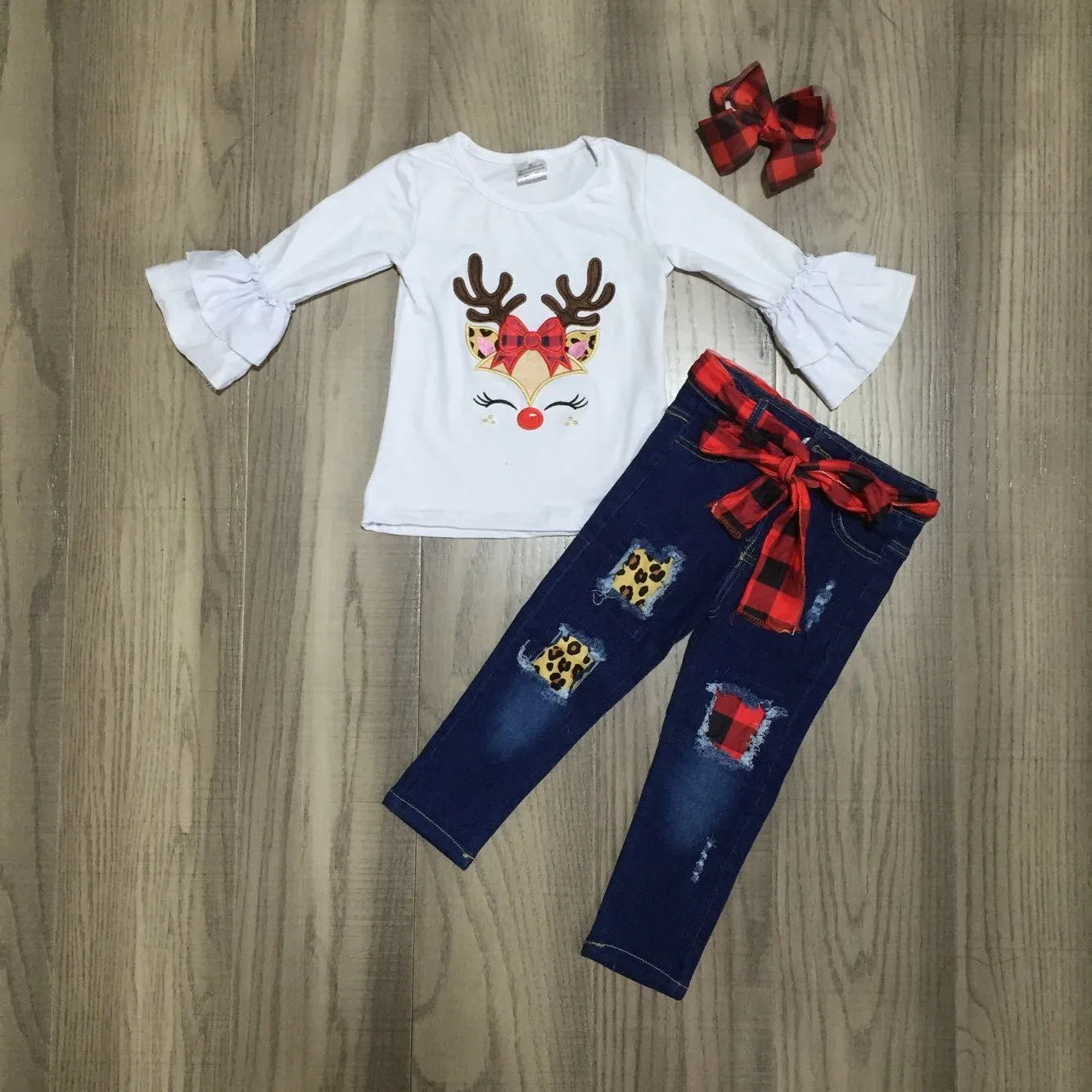 

baby girls clothes children Christmas outfits elk deer tee with holed jeans pants girls boutique clothes with bow