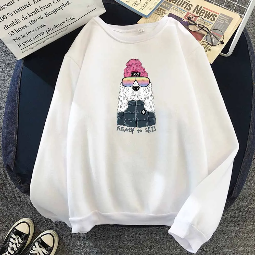 Ready To лыжные Английский алфавит Cool Dog с графическим принтом флисовые зимние Для женщин толстовки Harajuku Футболка Kpop уличная негабаритных - Цвет: white