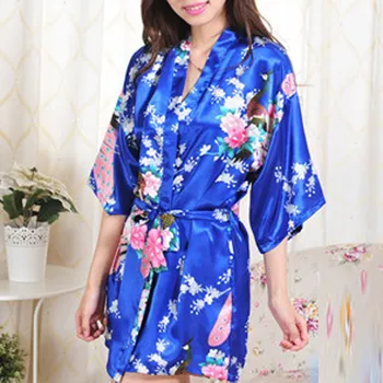 

Sexy Sleepwear Bridesmaid Gift Fashion Satin Kimono Floral Peacock Print Robes for Women Half-sleeve Mini Bathrobe With Belt